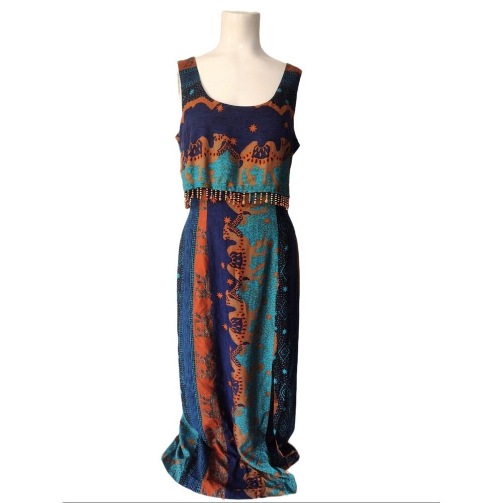 Just Choon 80s Beaded Tribal Maxi Dress Size 7 Camel Fringe Boho Slit Gypsy Star